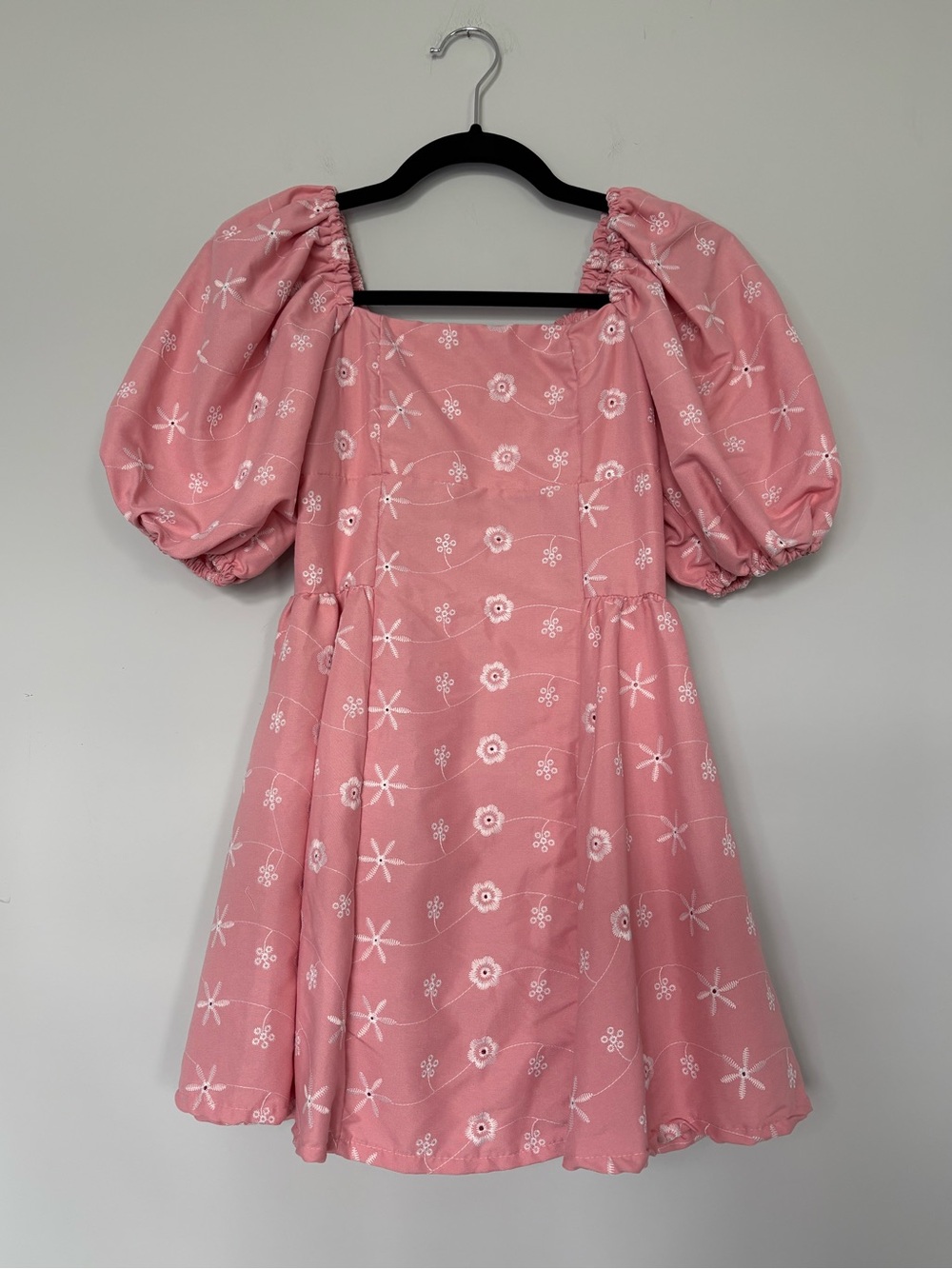 Pink Embroidered Floral Puff Sleeve Mini Dress Cottage-core babydoll Romantic